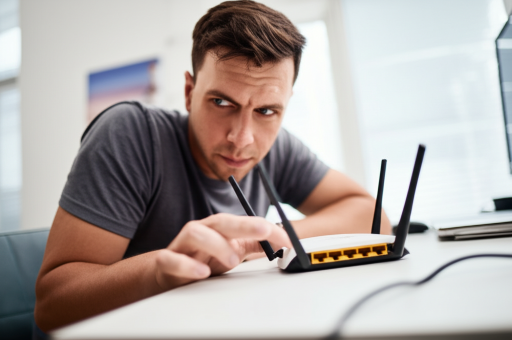 JJ staring sternly at a router