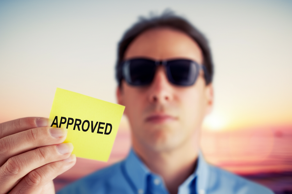 JJ writing APPROVED on a sticky note with sunglasses on
